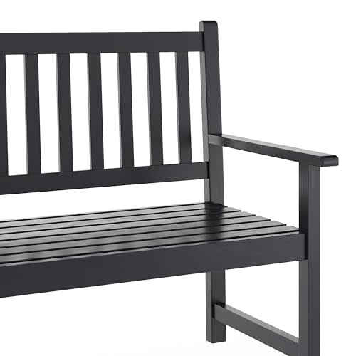Flash Furniture Adele Commercial Indoor/Outdoor Acacia Wood Bench, 2-Person Slatted Patio Loveseat, for Use in Yard, Garden, Porch, or Park, Black