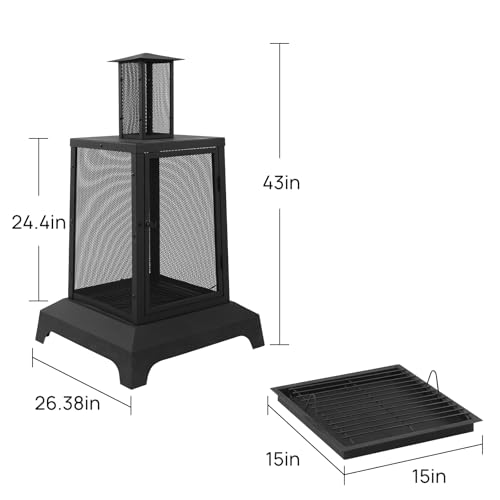 Walsport Chiminea Outdoor Fireplace, 43 Inch Wood Burning Fire Pit with Grill Grate and Spark Screen Cover, Outdoor Fire Pit for Patio, Backyard, Deck Porch and Camping, Black
