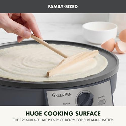 GreenPan Advanced 12" Crepe Maker, Ceramic Nonstick PFAS-Free Coating, Adjustable Temperature Control, 400°F Heating, Batter Spreader & Crepe Turner Included, Graphite