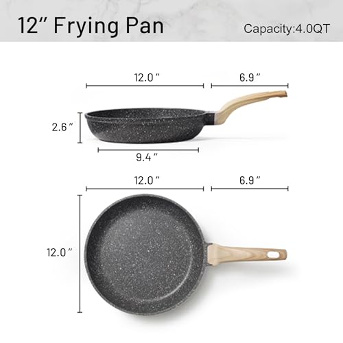 CAROTE Non Stick Frying Pan Skillet, Omelet Pan, Healthy Non Toxic Granite Chef Pan, Induction Compatible Egg Frying Pan with Heat-Resistant Handle, PFOA-Free,Black, 12"