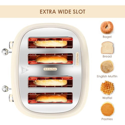 4 Slice Toaster Roter Mond Retro Stainless Steel with Bagel Defrost Cancel Function, 6 Browning Settings, Extre Wide Slot and Removable Crumb Tray, Cream, ST033