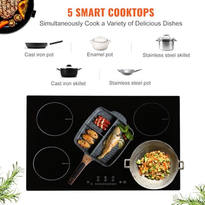 VEVOR Electric Cooktop, 30" 5 Burners Induction Stove Top, 9200W Built-in Magnetic Cooktop, 9 Heating Level Multifunctional Burner, LED Touch Screen w/Child Lock & Over-Temperature Guard