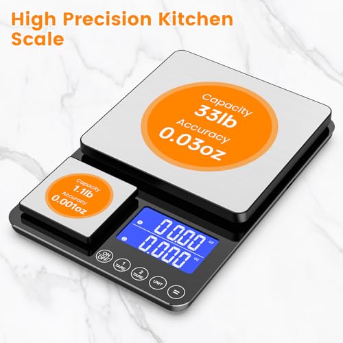 KKZ 0.001oz/33lb Kitchen Scale, Dual Platform Food Scale Grams and Ounces for Weight Loss Baking Cooking Meal Prep Sourdough Bread, Stainless Steel