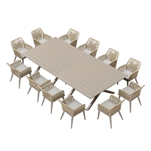 PURPLE LEAF 14 Pieces Outdoor Patio Dining Set All-Weather PE Rattan Furniture Set with All Aluminum Frame Rectangular Table and Chairs Set for 12 People Lawn Garden Backyard Deck, Champagne