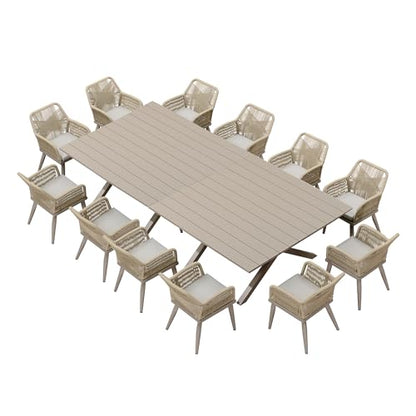 PURPLE LEAF 14 Pieces Outdoor Patio Dining Set All-Weather PE Rattan Furniture Set with All Aluminum Frame Rectangular Table and Chairs Set for 12 People Lawn Garden Backyard Deck, Champagne