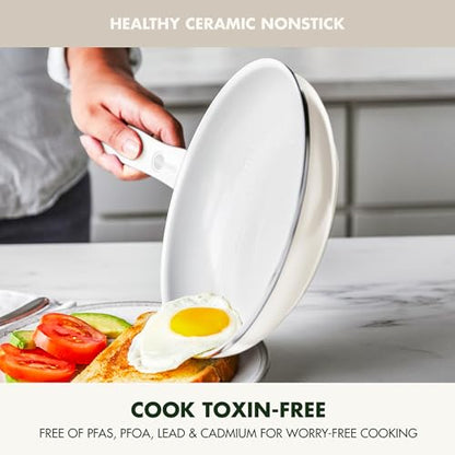 GreenPan Dover Healthy Ceramic Nonstick, 12 Piece Cookware Pots and Pans Set, PFAS-Free, Dishwasher Safe, Comfort Grip Handle, Cream White