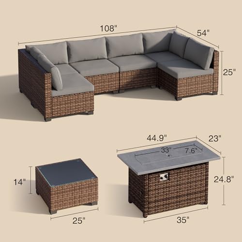 Qsun 8 Pieces Outdoor Patio Furniture Set with 44.9" Fire Pit Table, All-Weather Wicker Outdoor Patio Sectional Set with Coffee Table, for Garden, Backyard, Grey