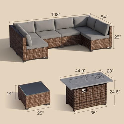 Qsun 8 Pieces Outdoor Patio Furniture Set with 44.9" Fire Pit Table, All-Weather Wicker Outdoor Patio Sectional Set with Coffee Table, for Garden, Backyard, Grey