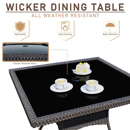 ASJMR 15 Pieces Dining Sets for 12 with Rattan Wicker Dining Set Chairs and Square Table Glass Top with Umbrella Cutout, Outdoor and Indoor Set for Patio, Backyard, Garden, Poolside, Kitchen- Navy