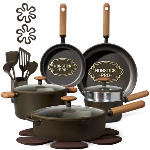 CAROTE Pots and Pans Set Non Stick, 21PCS Cookware Set with Strainer Lid, Induction Cooking Set with Kitchen Utensils, Dark Green