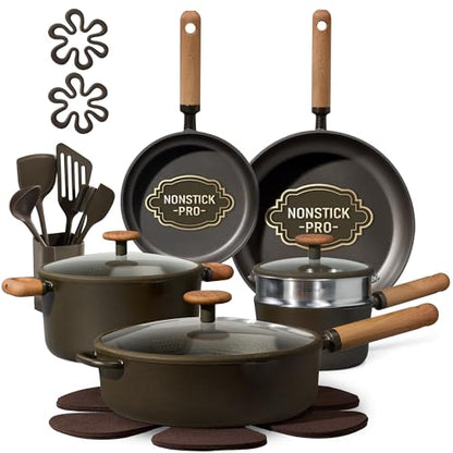 CAROTE Pots and Pans Set Non Stick, 21PCS Cookware Set with Strainer Lid, Induction Cooking Set with Kitchen Utensils, Dark Green