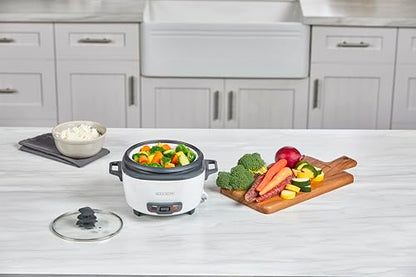 BLACK+DECKER Rice Cooker 6-Cup (Cooked) with Steaming Basket, Removable Non-Stick Bowl, White
