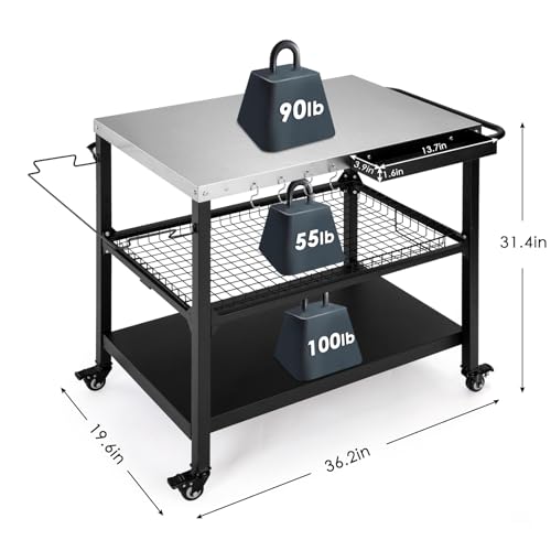 Tyfnry Outdoor Grill Cart,36 Inch Stainless Steel Pizza Oven Table with Lockable Wheels, Hooks & Adjustable Mesh, Metal Kitchen Cart Island, Black(36.2'' D x 19.6''W x 31.4''H)