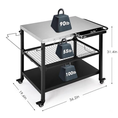Tyfnry Outdoor Grill Cart,36 Inch Stainless Steel Pizza Oven Table with Lockable Wheels, Hooks & Adjustable Mesh, Metal Kitchen Cart Island, Black(36.2'' D x 19.6''W x 31.4''H)