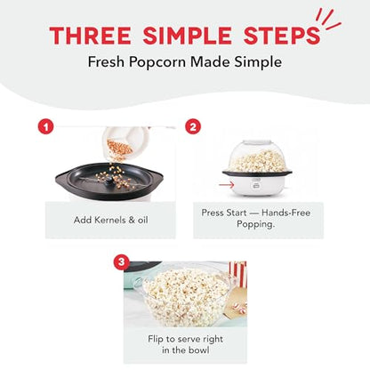 Dash SmartStore® Stirring Popcorn Maker - Electric Popcorn Machine with Butter-Melting Tray & Clear Serving Bowl - Features Stirring Bar - 24 Cups, White