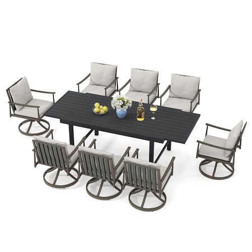 HAPPATIO 9-Piece Aluminum Patio Dining Set,Aluminum Outdoor Dining Set with Cushions,8 Swivel Chairs with Expandable Table with Umbrella Hole for Lawn, Garden, Backyard