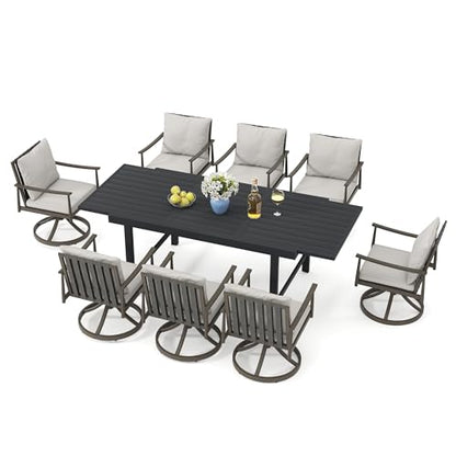 HAPPATIO 9-Piece Aluminum Patio Dining Set,Aluminum Outdoor Dining Set with Cushions,8 Swivel Chairs with Expandable Table with Umbrella Hole for Lawn, Garden, Backyard