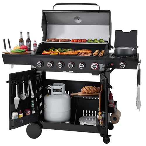 Royal Gourmet GE6001H 6-Burner Gas Grill, 72,000 BTU, 691 Sq. In. Cooking Area, with Sear and Side Burner, Side Shelf with hooks, spice basket, Movable Cabinet Style Grill for Outdoor Grilling, Black