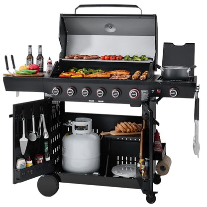 Royal Gourmet GE6001H 6-Burner Gas Grill, 72,000 BTU, 691 Sq. In. Cooking Area, with Sear and Side Burner, Side Shelf with hooks, spice basket, Movable Cabinet Style Grill for Outdoor Grilling, Black