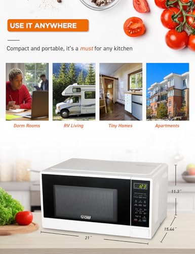 Commercial Chef 1.1 Cu. Ft. Countertop Microwave Oven, Touch Controls with Digital LED Display, 1100W Microwave, Push Button Door, 10 Power Levels, CHCM11100W, White
