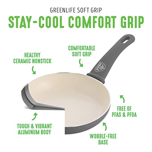 GreenLife Soft Grip Healthy Ceramic Nonstick 18 Piece Kitchen Cookware Pots and Frying Sauce Saute Pans Set, PFAS-Free with Kitchen Utensils and Lid, Dishwasher Safe, Gray