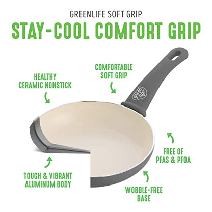 GreenLife Soft Grip Healthy Ceramic Nonstick 18 Piece Kitchen Cookware Pots and Frying Sauce Saute Pans Set, PFAS-Free with Kitchen Utensils and Lid, Dishwasher Safe, Gray