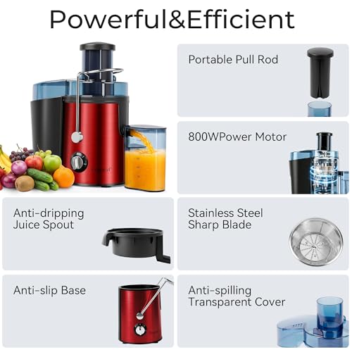 Boyuevi Juicer Machine, 800WCentrifugal Juicer for Whole Fruits and Vegetables,3 Inch Wide Feed Chute, Easy to Clean (red)