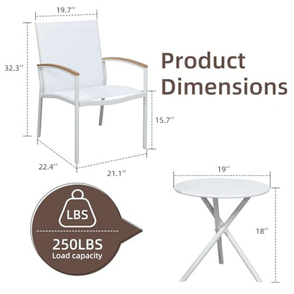 Shintenchi 3 Pieces Patio Bistro Sets, Outdoor Textilene Fabric Conversation Bistro Set, Textilene Fabric Front Porch Chairs Small Patio Furniture Set with Table for Lawn,Garden,Balcony (White)