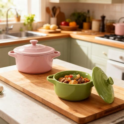 Odowalker 6 Pack Mini Cocotte with Lids, 8 OZ Ceramic Ramekins with Lid and Handles, Round Small Casserole Dishes, Small Baking Individual Serving Pot for Lasagna, Souffle, Soup, Oven Safe, 6 Colors