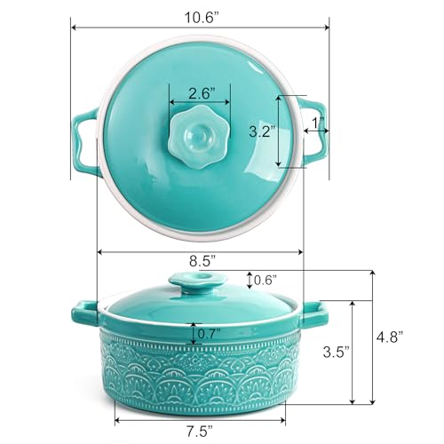 Elsjoy 2 Quart Round Ceramic Casserole Dish with Lid, 7.5 Inch Covered Casserole for Oven, Glazed Ceramic Baking Dish Vintage Bakeware for Kitchen, Turquoise