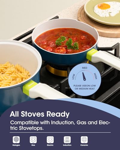 Ceramic Non Stick Sauce Pan, 2.5QT Saucepan with Frying Pan as Lid, Steamer Pot for Cooking, Induction Cookware Set, PTFE, PFOA & PFAS Free, Light Blue