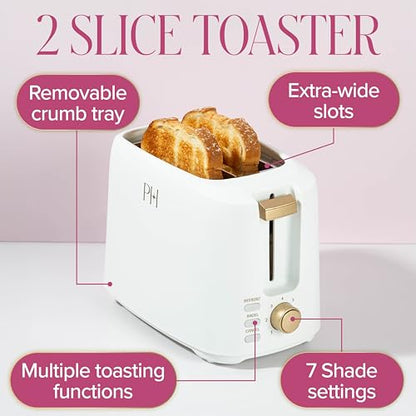 Paris Hilton 2-Slice Toaster, Extra-Wide Slots, 7 Browning Settings, Bagel & Defrost Functions, Removable Crumb Tray, White