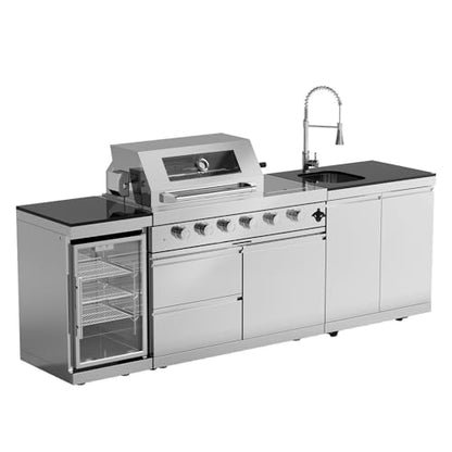 Outdoor Kitchen Island Barbecue Grill with Refrigerator & Rotisserie, Heavy-Duty Stainless Steel Freestanding Grills Station, Weather-Resistant Cooking Cabinet for Backyard & Summer Propane Gas
