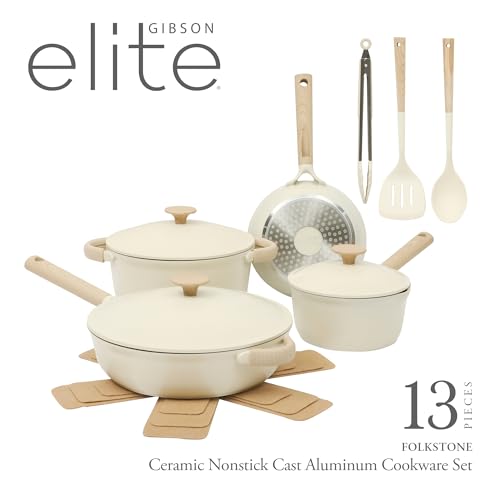 Gibson Elite Folkstone 13 Piece Pots and Pans Durable Cast Aluminum PFA Free Non stick Ceramic Coating Cookware Set W/Kitchen Tools and Protective Felts - Induction Safe - Linen White W/Wood Handle