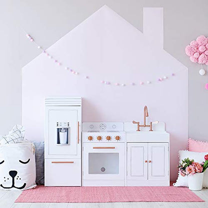 Teamson Kids Little Chef Paris Modular Contemporary Interactive Wooden Play Kitchen with Refrigerator, Oven, Sink, and Storage Space for Easy Clean Up, White with Rose Gold Finishes