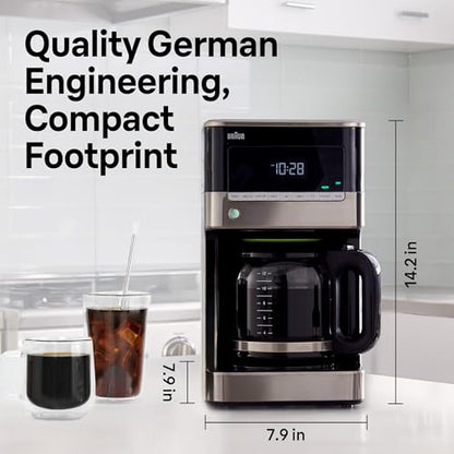 Braun BrewSense 12 Cup Drip Coffee Maker - Pause & Pour Mid Brew, Coffee Machine with 24-Hour Timer & Clock, Bold & Regular Strength, 1-4 Cup Functions, Self Clean, Auto Shutoff, Stainless Steel