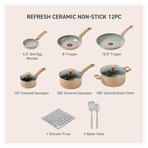 T-Fal Refresh Ceramic Nonstick Cookware Set, 12-Piece, Oven Safe to 350°F, Includes Stockpot, Griddle, Frying Pans, Utensils, Ceramic Pots and Pans Set, Sand Beige