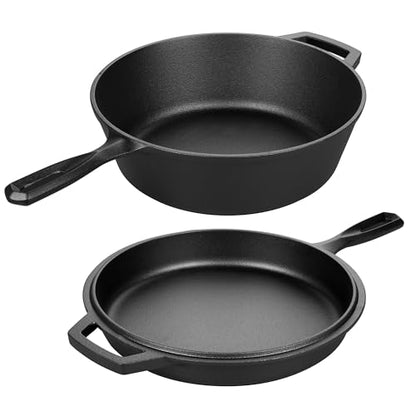 VORRINGARD Pre-seasoned Cast Iron Double Dutch Oven Pot with Skillet Lid, for Bread Baking, Outdoor, Campfire Cooking, 3 Quart
