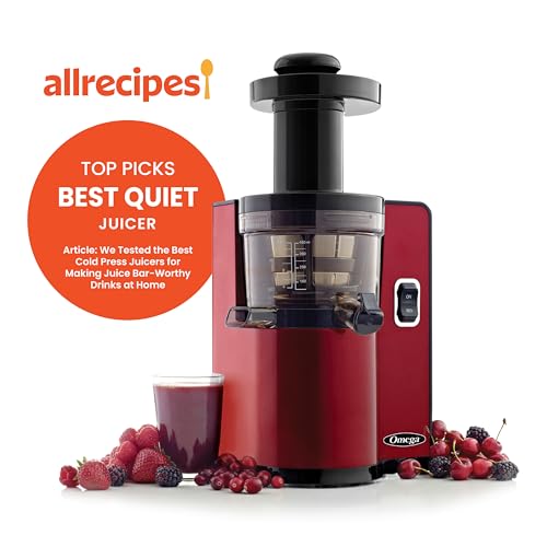 Omega Juicer Cold Press Vertical 43 RPM Slow Masticating Compact Juice Extractor for Fruits and Vegetables Quiet Operation with 3 Stage Auger Automatic Pulp Ejection and No-Drip Tap, 150-Watts, Red