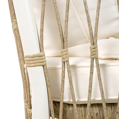 VilroCaz 5-Piece Outdoor Patio Dining Set, All-Weather Acacia Wood Extendable Round Dining Table with 12inch Butterfly Leaf and 4 Rattan Arm Chairs for Backyard, Balcony, Garden, Poolside
