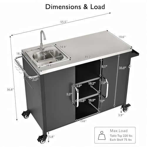 55.5" Outdoor Kitchen Island with Stainless Steel Sink - Rolling Grill Cart with Storage, Mobile Bar Table with 4 Lockable Wheels for Pizza Prep & BBQ