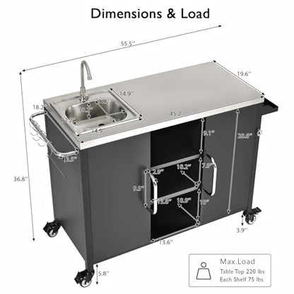 55.5" Outdoor Kitchen Island with Stainless Steel Sink - Rolling Grill Cart with Storage, Mobile Bar Table with 4 Lockable Wheels for Pizza Prep & BBQ