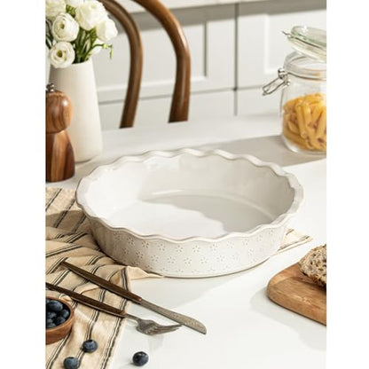 MIKIGEY Deep Pie Dish for Baking, Ceramic Pie Pan for Apple Pie, Tart, Quiche Baking Dish, Farmhouse Decor Pie Plate, Deep Dish Pie Pan, Oven Safe, Off-White