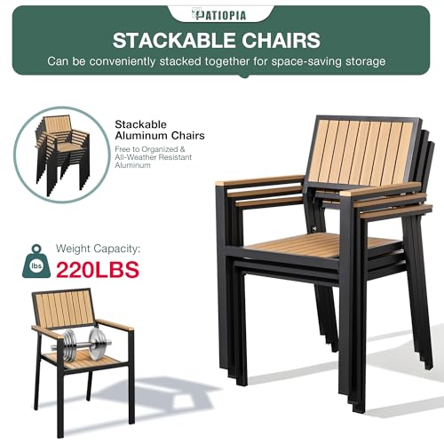 PATIOPIA 8-Piece Patio Dining Set, Outdoor Weather-Resistant Plastic-Wood Table & 6 Stackable Chairs, Outdoor Durable Aluminum Frame Furniture for Garden, Poolside, Backyard, Orange