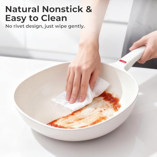HANLE 9.8 Inch(3.2 QT) Nonstick Ceramic Saute Pan with Lid, Cast Aluminum Deep Frying Pans, Flat Bottom Induction Pan, Ceramic Non Toxic Cookware, PFOA PFAS & PTFE Free(White)