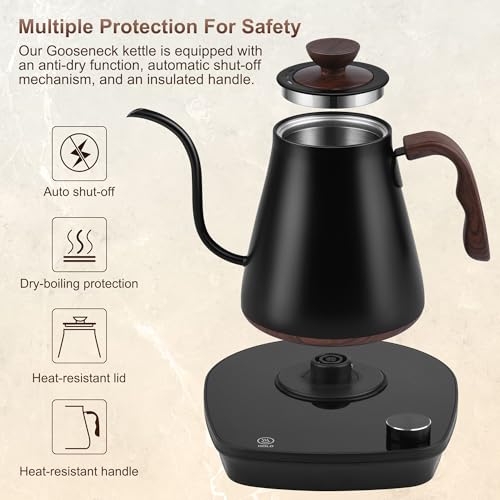 YDDZZM Gooseneck Electric Kettle, Intelligent Temperature Control, Stainless Steel Inner, Quick Heating, for Pour Over Coffee, Brew Tea, Boil Hot Water, 1000W 0.9L Black