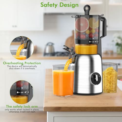 Kismile 300W Cold Press Juicer, 5.4" Wide Feed Chute, Slow Masticating Juicer Machines Vegetable and Fruit, Electric Juicers Juice Maker with Reverse Function, Stainless Steel Juicer Easy to Clean