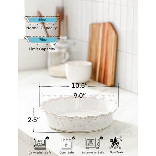 MIKIGEY Deep Pie Dish for Baking, Ceramic Pie Pan for Apple Pie, Tart, Quiche Baking Dish, Farmhouse Decor Pie Plate, Deep Dish Pie Pan, Oven Safe, Off-White