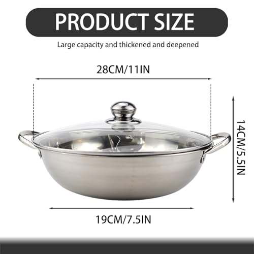 Stainless Steel Divided Hot Pot, 11 Inch Double Sauce Pot, Weldless Two-Flavor Soup Shabu for Induction Cooktop and Gas Stove