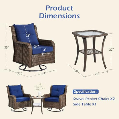 Wumiokio Patio Furniture Sets, 3 Pieces Wicker Outdoor Furniture - 360 Degree Swivel Rocking Chairs and Rattan Side Table for Garden,Porch,Backyard (Brown Wicker/Blue Cushion, 3PCS - Swivel Chairs)